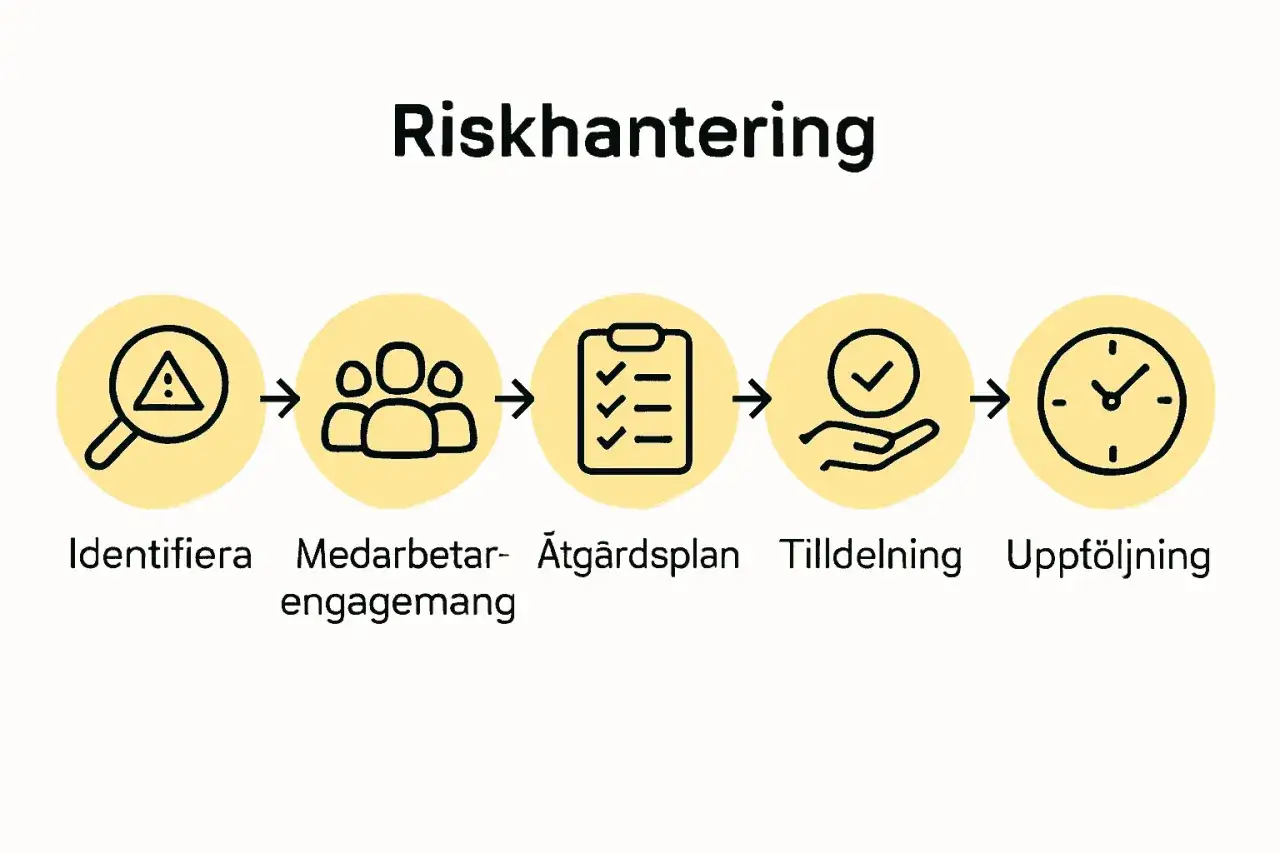 Riskhantering: identifiera risker, engagera medarbetare, skapa en åtgärdsplan, tilldela ansvar och följ upp. Ett tydligt handlingsplan exempel.