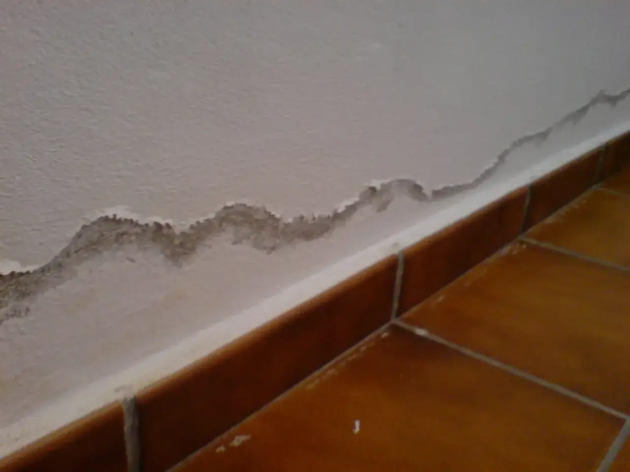 Mancha de humedad en la pared, cerca del suelo. Un problema común que requiere saber cómo eliminar la humedad que brota del suelo.