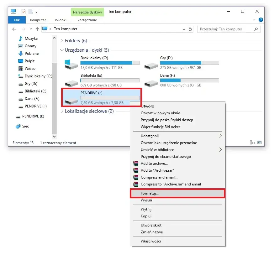 formatowanie pendrive windows 10