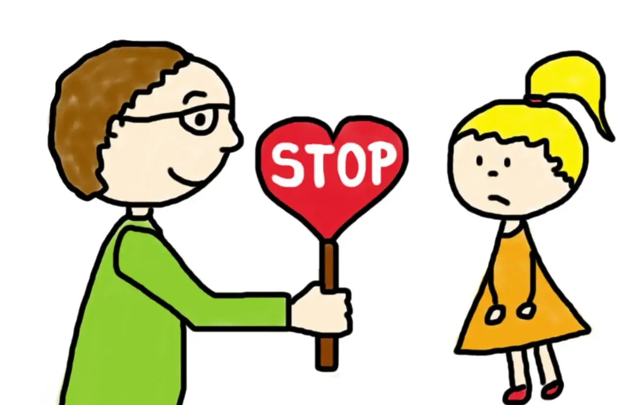 Ein Mann mit Brille h&auml;lt ein Herz-Stoppschild. Das zeigt, wie wichtig es ist, **Grenzen setzen Bilder** zu verstehen und zu kommunizieren.