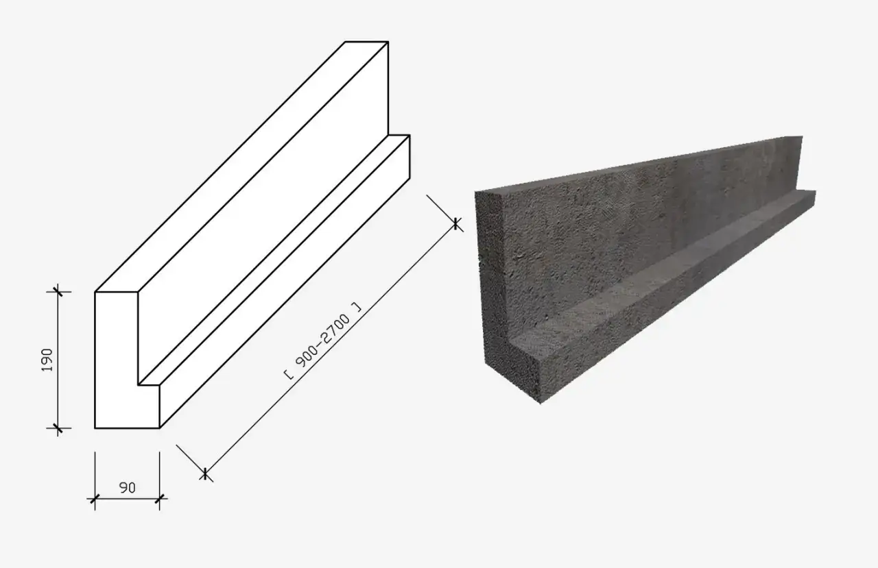 Schemat i zdjęcie betonowego nadproża o wymiarach 190x90 mm, długość 900-2700 mm.