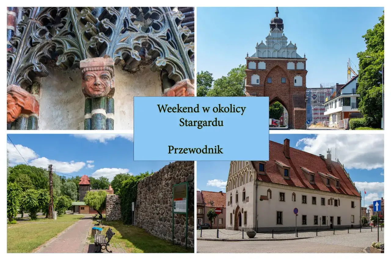 Kolaż zdjęć z Stargardu: Brama, kamienny mur, budynek i detale architektoniczne.