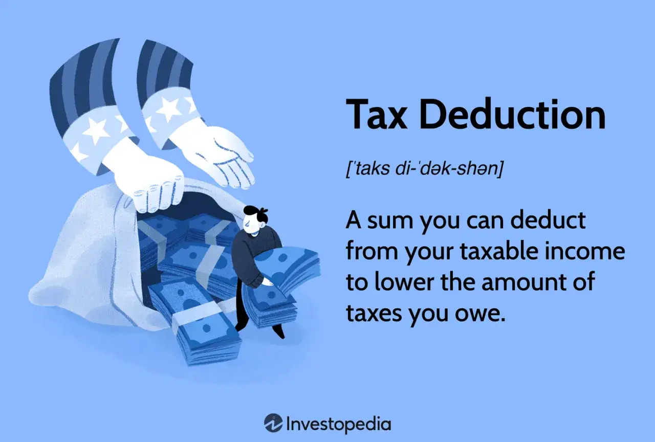 Uncle Sam's hands pour money into a bag as a person takes some out, illustrating how tax deductions work to lower your tax bill.