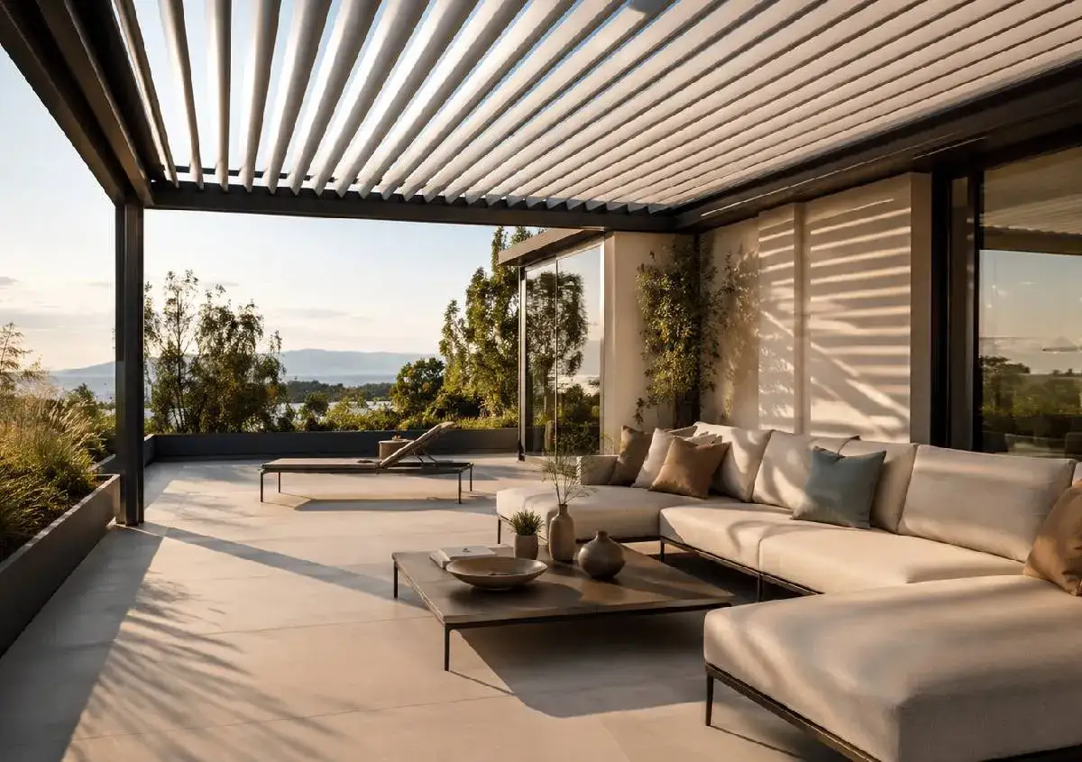 Terrazza moderna con divano e tavolino, sotto una pergola con lamelle orientabili, ideali come sistemi oscuranti esterni per finestre.