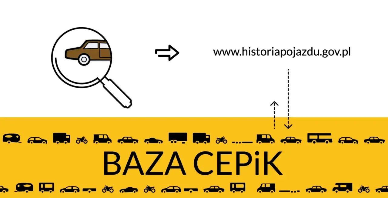 Szukaj danych pojazdu w bazie CEPiK. Ikona lupy z autem prowadzi do strony historiapojazdu.gov.pl.