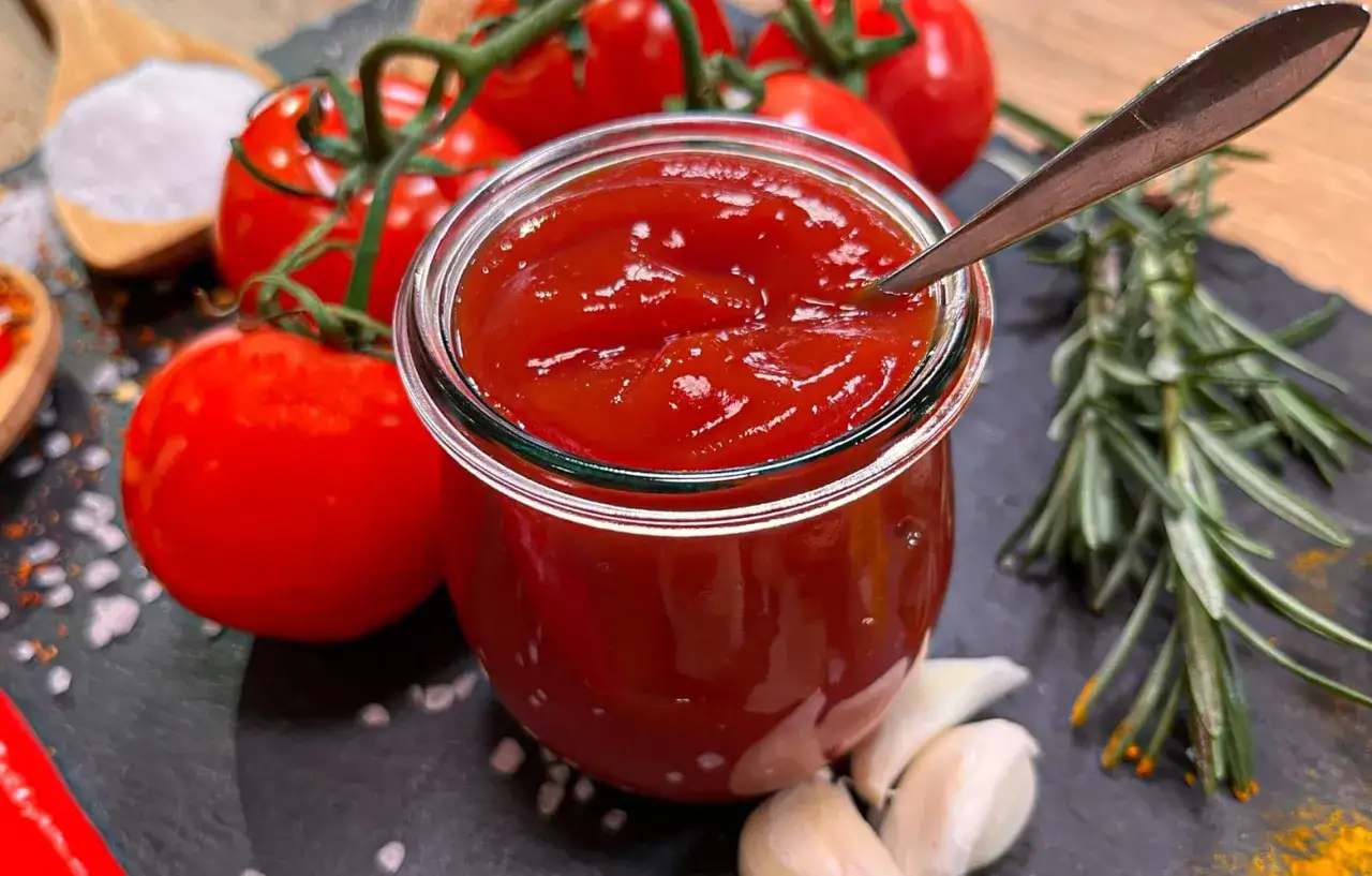 Selbstgemachter Ketchup in einem Glas, umgeben von frischen Tomaten, Knoblauch, Rosmarin und Gew&uuml;rzen. Ein Genuss f&uuml;r alle, die Ketchup selber machen wollen.