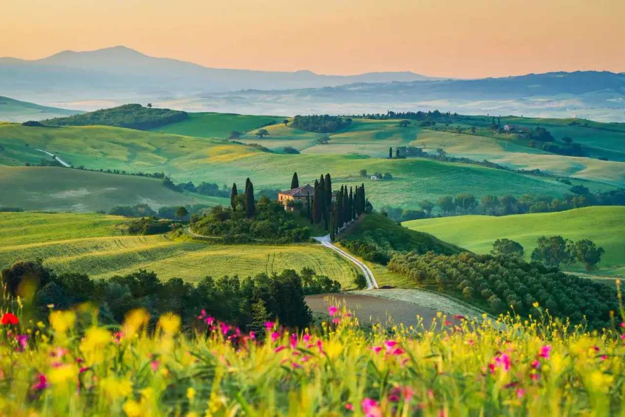 Un incantevole tour della Toscana: dolci colline verdi, una villa con cipressi e fiori colorati in primo piano, sotto un cielo tenue.