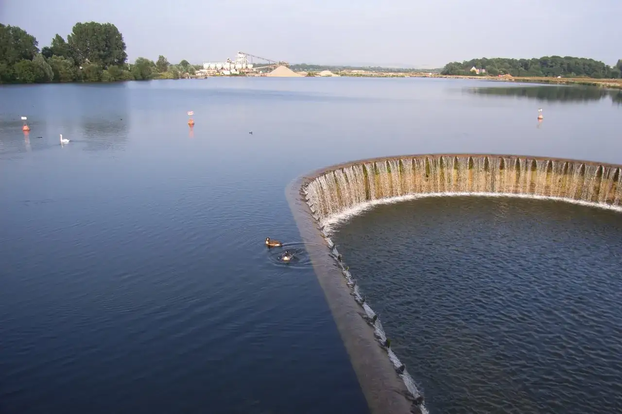 Ein ruhiger See bei Paderborn, ideal zum Angeln. Schw&auml;ne und Enten ziehen ihre Kreise, w&auml;hrend im Hintergrund eine Industrieanlage zu sehen ist.