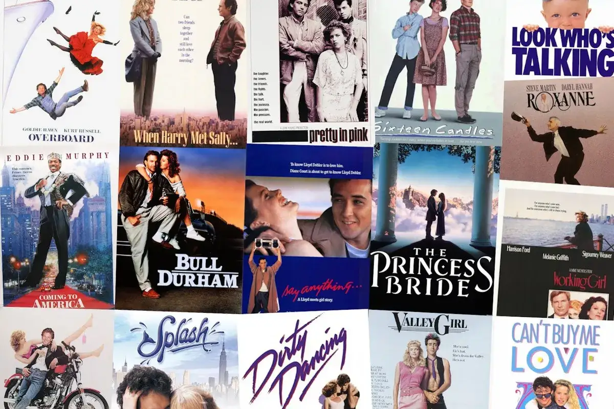 En samling filmaffischer med klassiska romantiska komedier som 