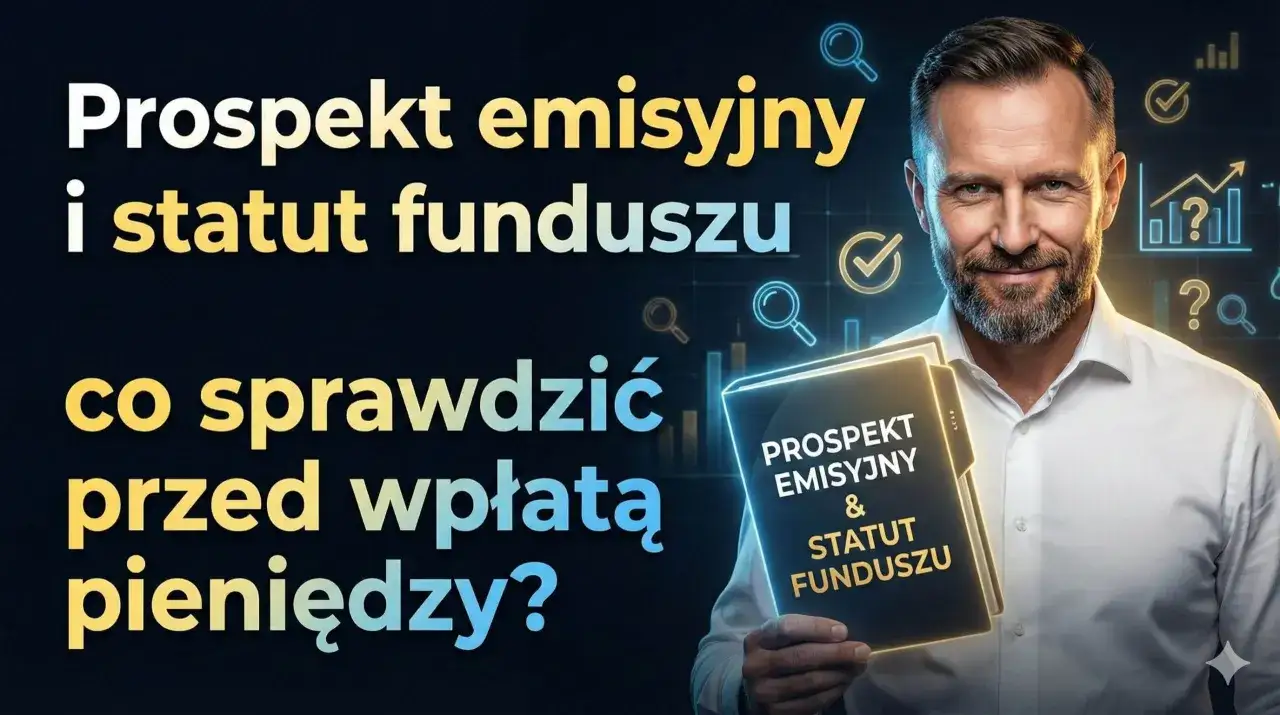 Mężczyzna prezentuje prospekt emisyjny i statut funduszu, podkreślając znaczenie analizy przed wpłatą pieniędzy.