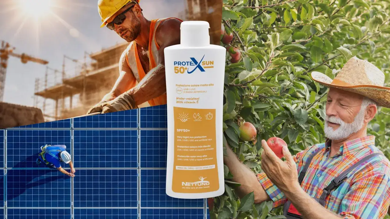 Préparation au soleil : ouvrier sur un chantier, installation de panneaux solaires, et un agriculteur cueillant des pommes. Protection solaire essentielle.