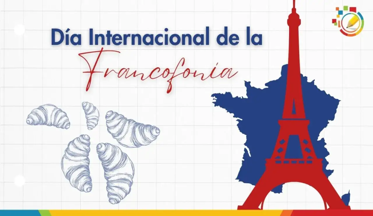 Celebración del Día Internacional de la Francofonía con la Torre Eiffel, mapa de Francia y croissants.