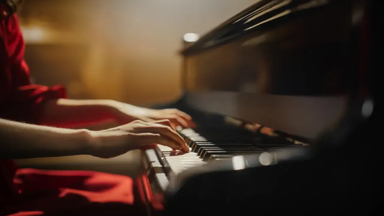 Dłonie grające na fortepianie w czerwonej sukience. Czy pianino i fortepian to to samo?