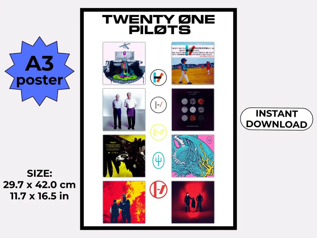 Plakat A3 z okładkami płyt Twenty One Pilots: 