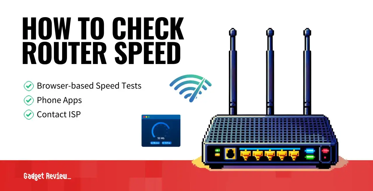 En bild som visar hur man kontrollerar hastigheten på en test router. Inkluderar ikoner för hastighetstest och en router.