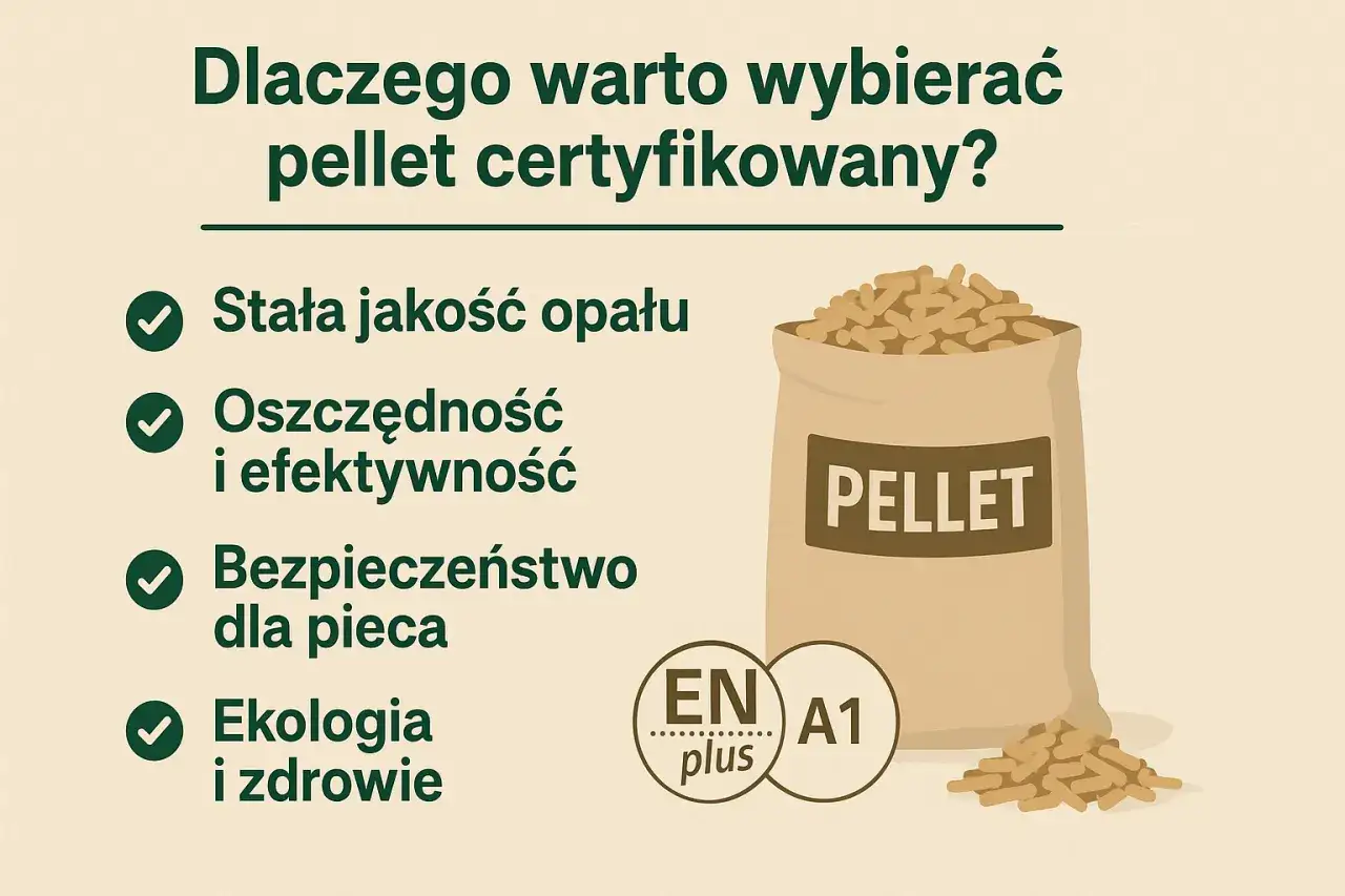 Worek z certyfikowanym pelletem, symbolizującym stałą jakość, oszczędność, bezpieczeństwo i ekologię.