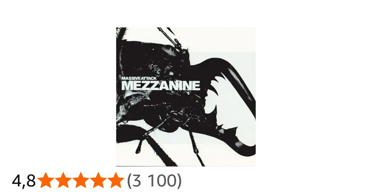 Pochette de l'album Mezzanine de Massive Attack, avec un gros insecte noir sur fond blanc.