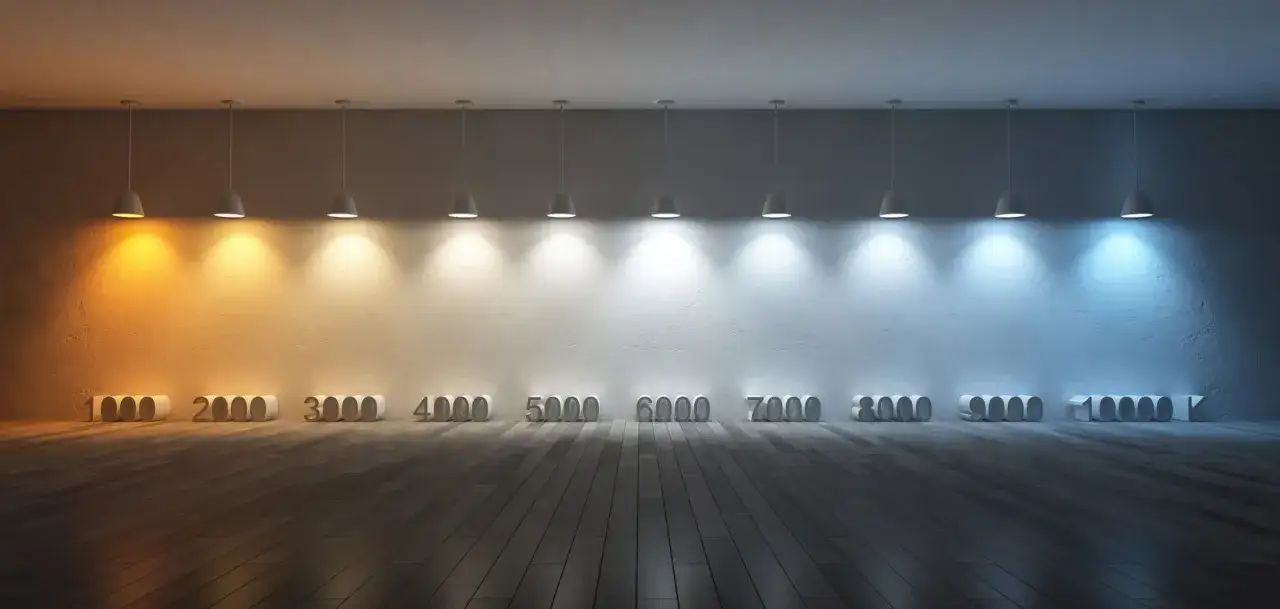 Iluminación de cálida a fría, mostrando la escala de 1000K a 10000K. La luz de 6500K es blanca y brillante.