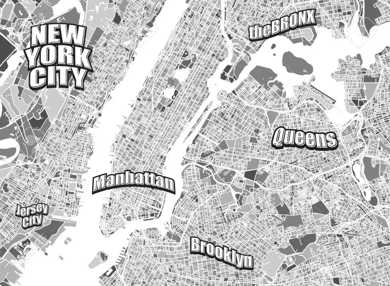 Mapa Nowego Jorku z zaznaczonymi dzielnicami: Manhattan, Brooklyn, Queens, The Bronx i Jersey City. Gdzie jest Nowy Jork? Tutaj!