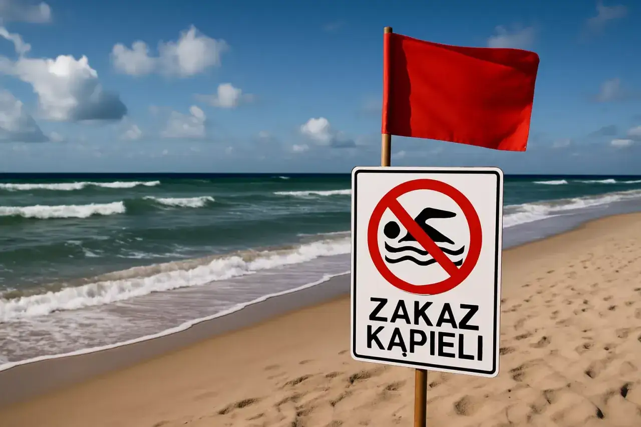 Czerwona flaga i znak 