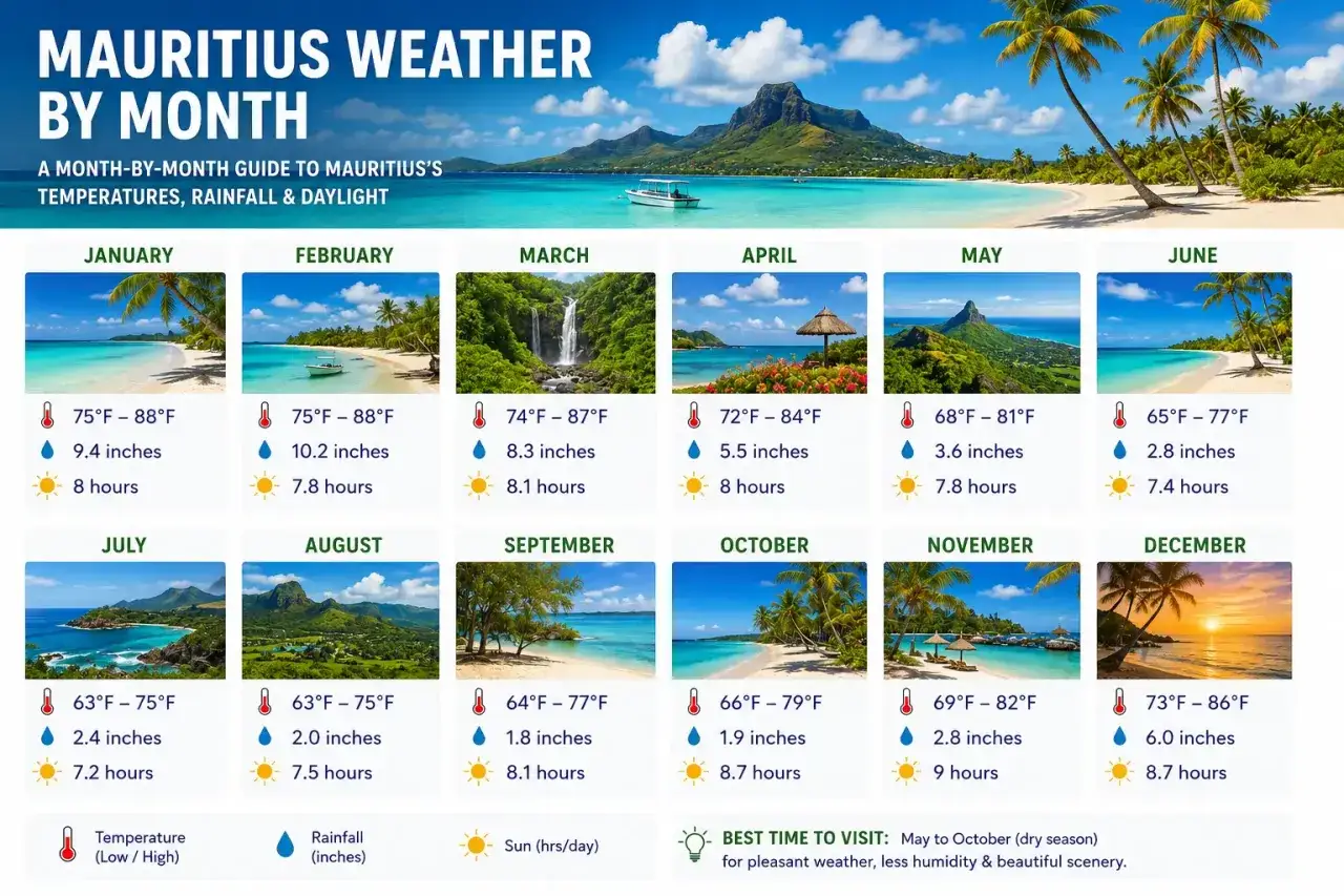 Mauritius Wetterübersicht: Januar bis Dezember mit Temperaturen, Regen & Sonnenstunden. Vermeiden Sie die schlechteste Reisezeit Mauritius im Januar/Februar wegen hoher Regenmengen.