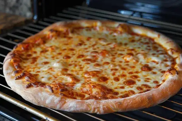pizza casera recién salida del horno con bordes dorados y queso derretido