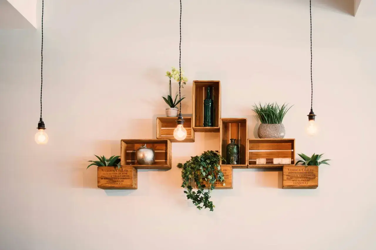 Ideas pared decoracion con cajas de madera: estanter&iacute;as r&uacute;sticas con plantas, botellas y un manzana decorativa.