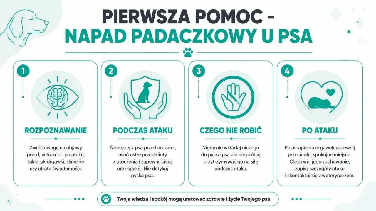 Pierwsza pomoc w przypadku ataku padaczki u psa: rozpoznawanie, postępowanie podczas i po ataku, czego nie robić.