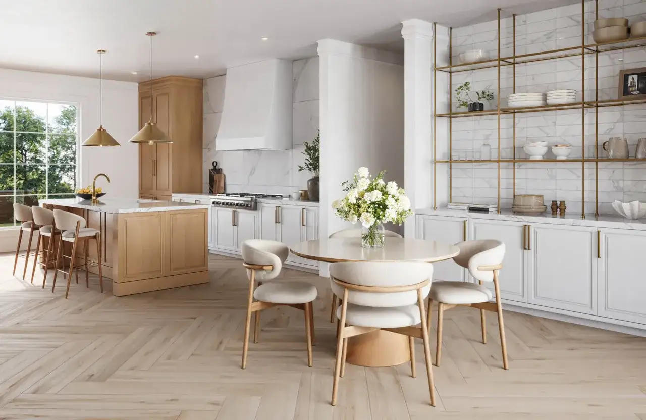 Une cuisine moderne avec carrelage imitation parquet. L'inconvénient ? Il est si réaliste qu'on voudrait le toucher !