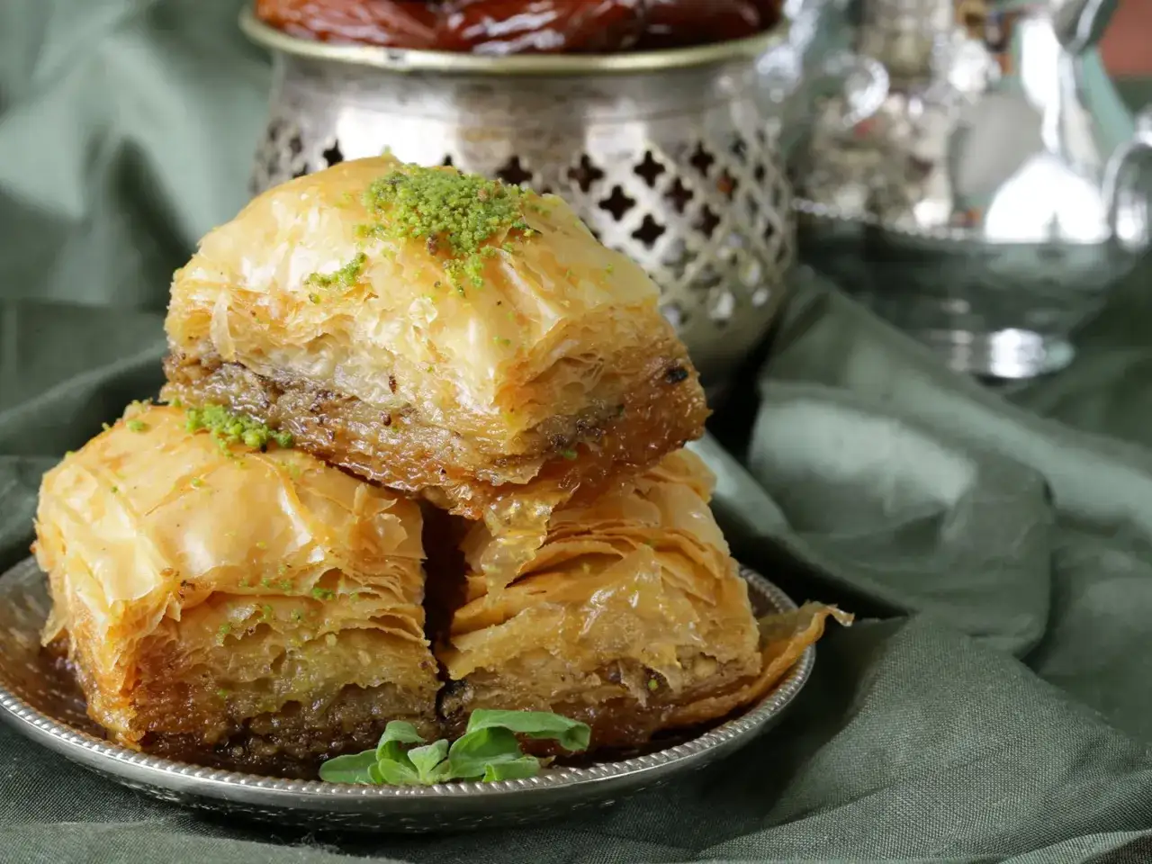 Schichtweise Teig, N&uuml;sse und Sirup &ndash; so ist Baklava, ein s&uuml;&szlig;er Genuss. Hier gestapelt auf einem Silberteller, bestreut mit Pistazien.