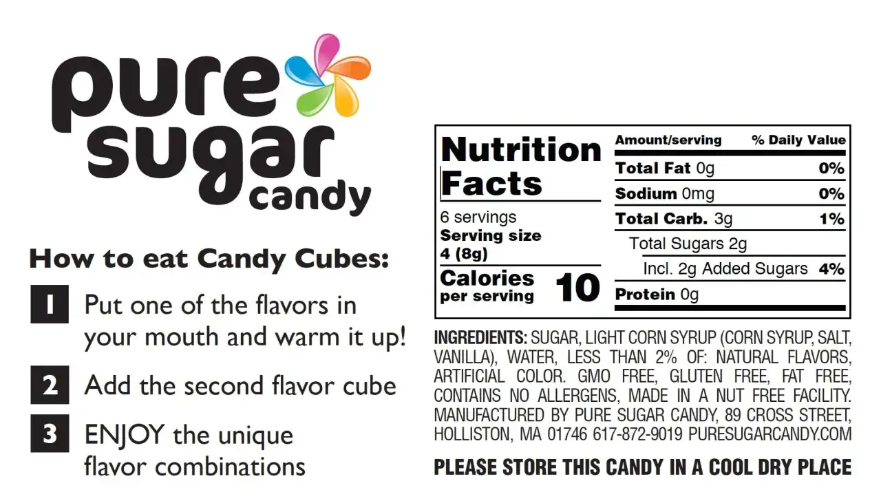 Logo de Pure Sugar Candy y tabla nutricional. Instrucciones para comer los cubos de caramelo: pon uno en tu boca, a&ntilde;ade el segundo y disfruta las combinaciones que llevan las chuches.