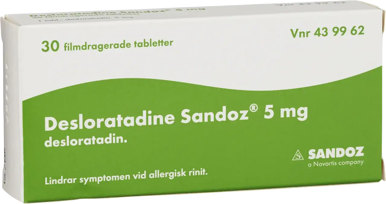 Förpackning med Desloratadine Sandoz 5 mg, 30 tabletter. Effektiv allergimedicin barn lindrar symtom vid allergisk rinit.