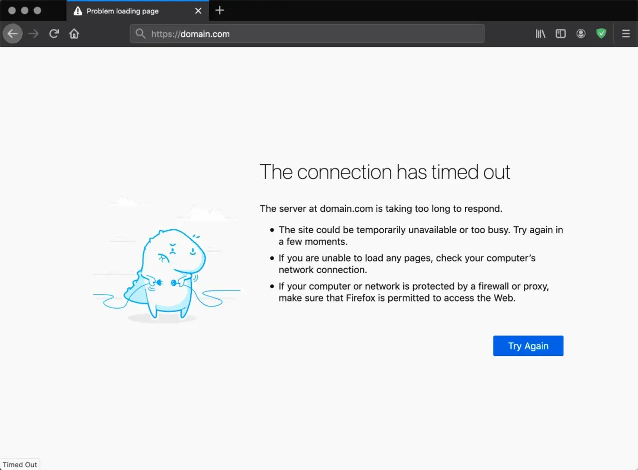 Połączenie z serwerem domain.com trwało zbyt długo, wystąpił błąd err_connection_timed_out. Spróbuj ponownie.