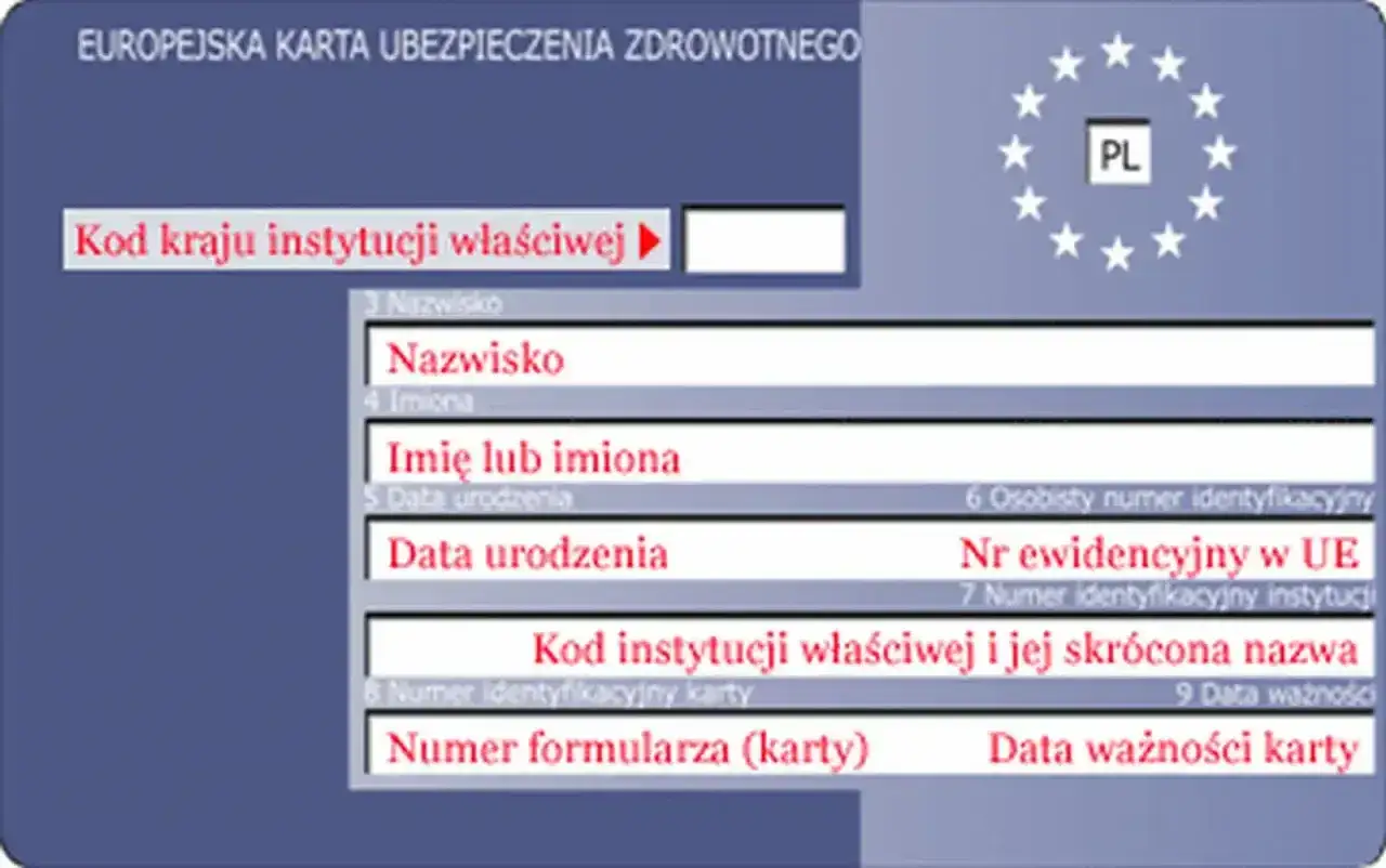 Europejska Karta Ubezpieczenia Zdrowotnego, potwierdzająca przynależność do NFZ, z danymi osobowymi i numerem identyfikacyjnym.