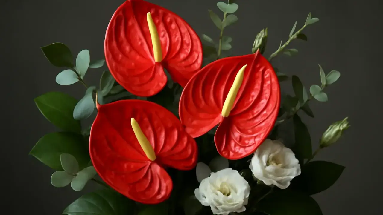 Tre röda anthuriumblommor, som liknar en flamingo, med gula pistiller, omgivna av gröna blad och vita blommor.
