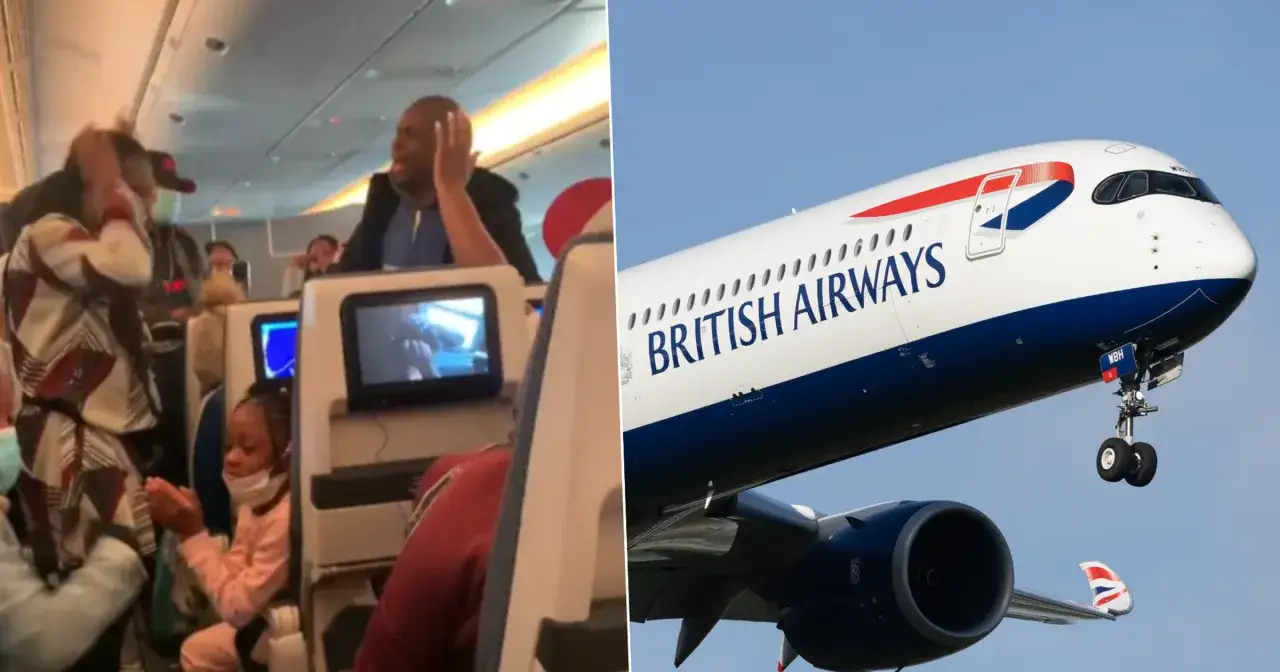 Wnętrze samolotu British Airways, gdzie pasażerowie zastanawiają się, ile trwa lot do Stanów Zjednoczonych. Zbliżenie na samolot w locie.
