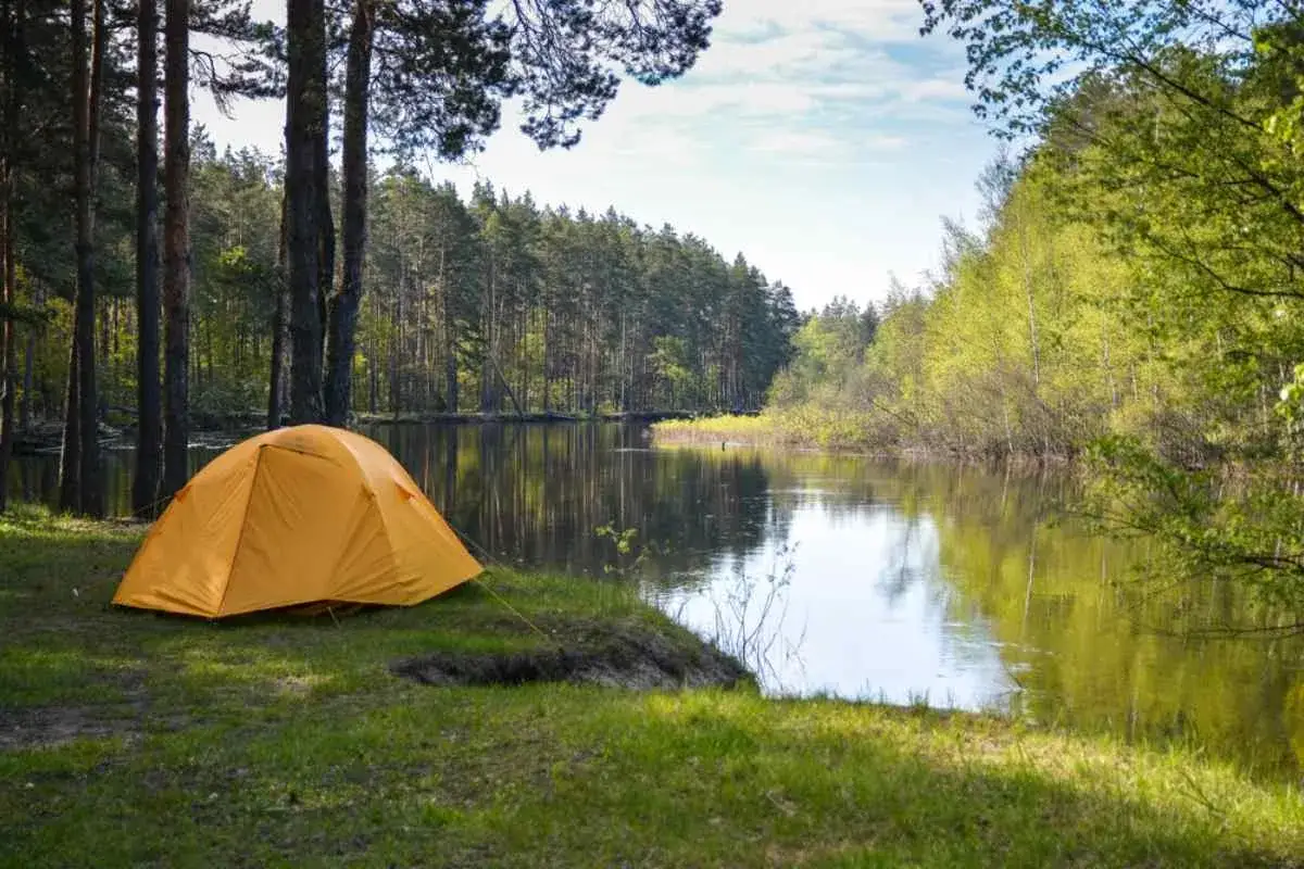 En orange tält står vid en sjö i en svensk skog. Perfekt för fricampa Sverige.