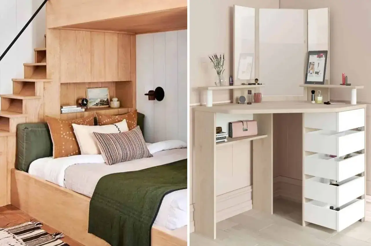 Aménagement d'une chambre cabine cosy avec lit bas et escalier intégré, et un coin coiffeuse moderne avec miroir triparti et rangements.