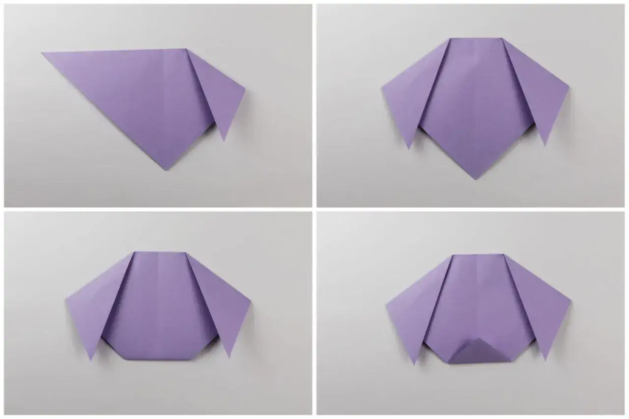 Sekwencja kroków do stworzenia uroczej figurki origami piesek. Fioletowa kartka papieru jest składana, tworząc uszy i pyszczek.