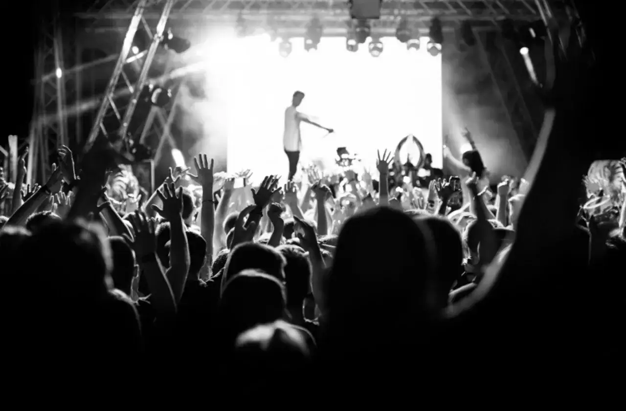 Une foule en délire lève les mains lors d'un photo concert. La scène est éclairée par des projecteurs, un artiste est visible au centre.