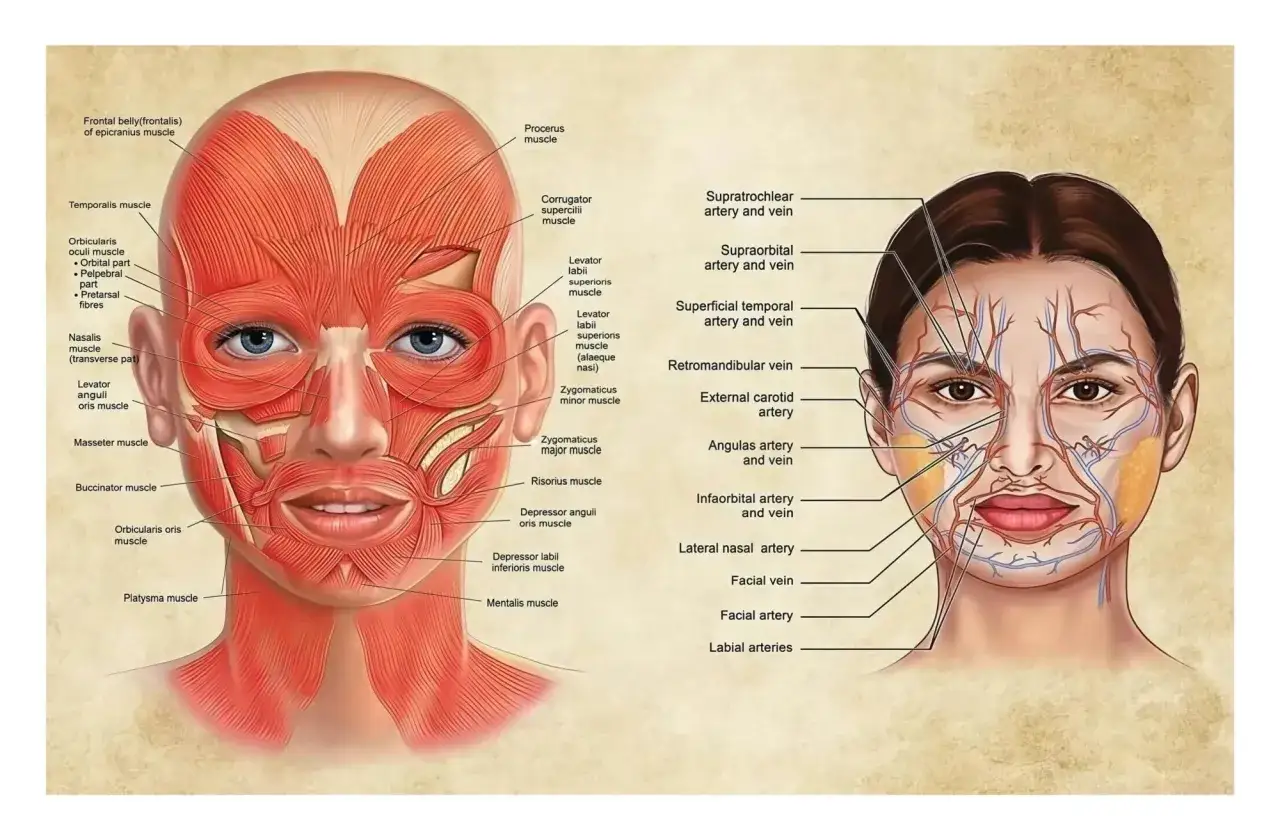 Anatomische Darstellung der Gesichtsmuskulatur und Gefäße. Hilfreich zur Vorbereitung einer Massage des Trigeminusnervs.