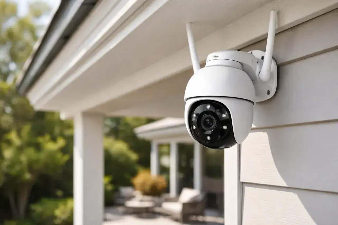 Caméra de sécurité extérieure blanche avec technologie WDR, fixée sur un mur de maison.