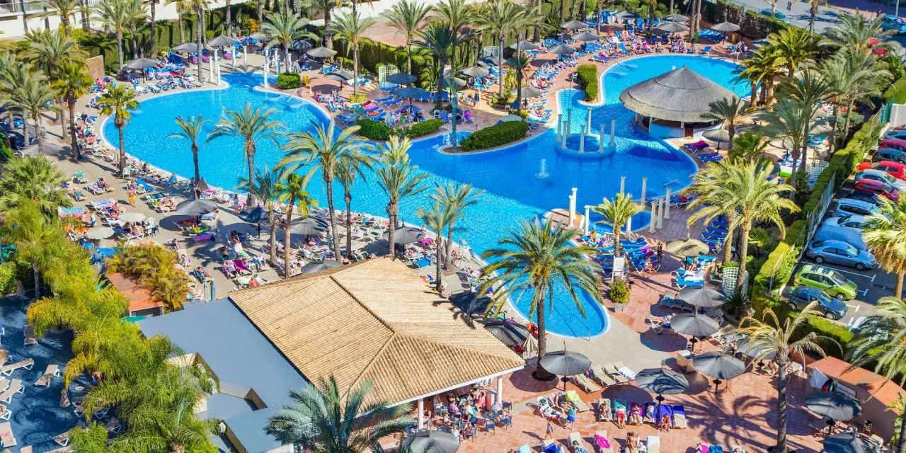 Un resort con piscina azul brillante, palmeras y gente disfrutando del sol. Un bar con techo de paja se asoma sobre el agua. ¡Un día perfecto para pelícanos y humanos!