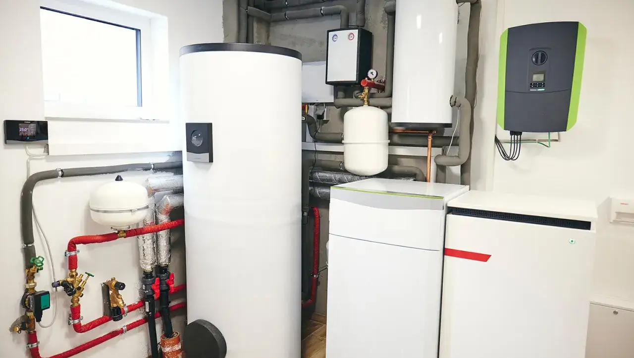 Moderne Heizungsanlage mit großem Speicher, Rohren und einem grünen Gerät, das an die Wand montiert ist. Ein nano BHKW könnte hier integriert sein.