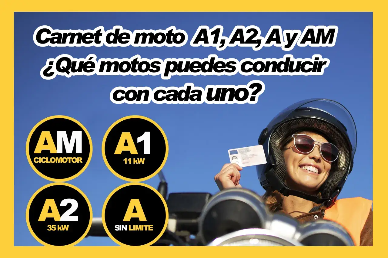 Mujer sonriente con casco y licencia de moto, mostrando los permisos A1, A2, A y AM. Conoce tu permiso a edad.