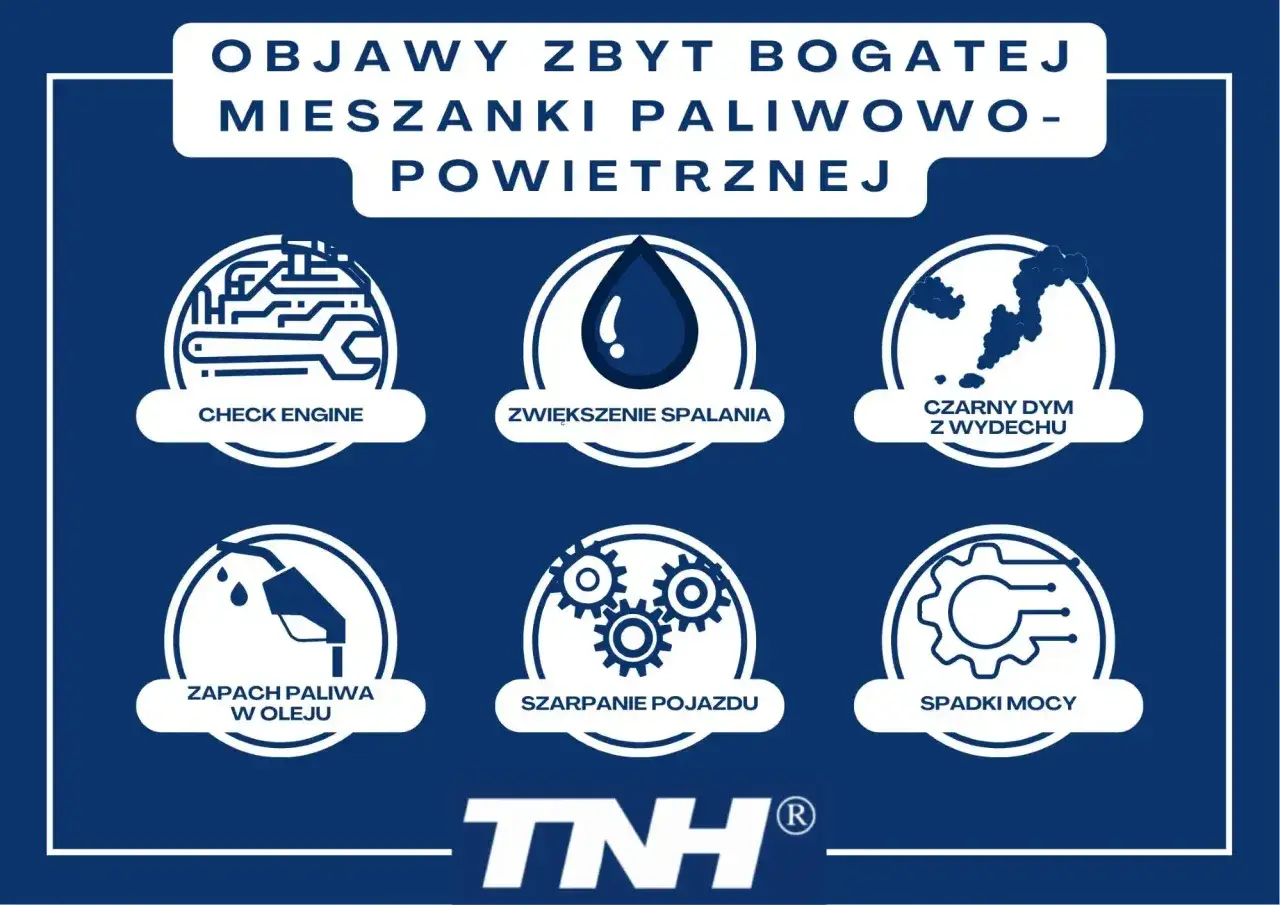 Objawy zbyt bogatej mieszanki p0172: Check Engine, zwiększone spalanie, czarny dym, zapach paliwa w oleju, szarpanie, spadki mocy.