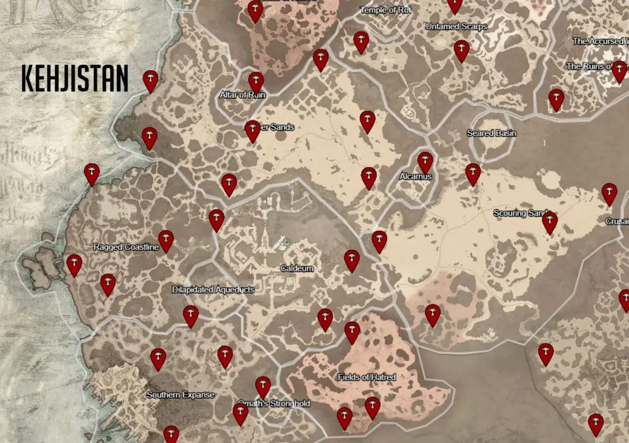 Mapa Kehjistan z zaznaczonymi ołtarzami Lilith w Diablo 4. Czerwone ikony wskazują miejsca, gdzie można znaleźć te cenne przedmioty.