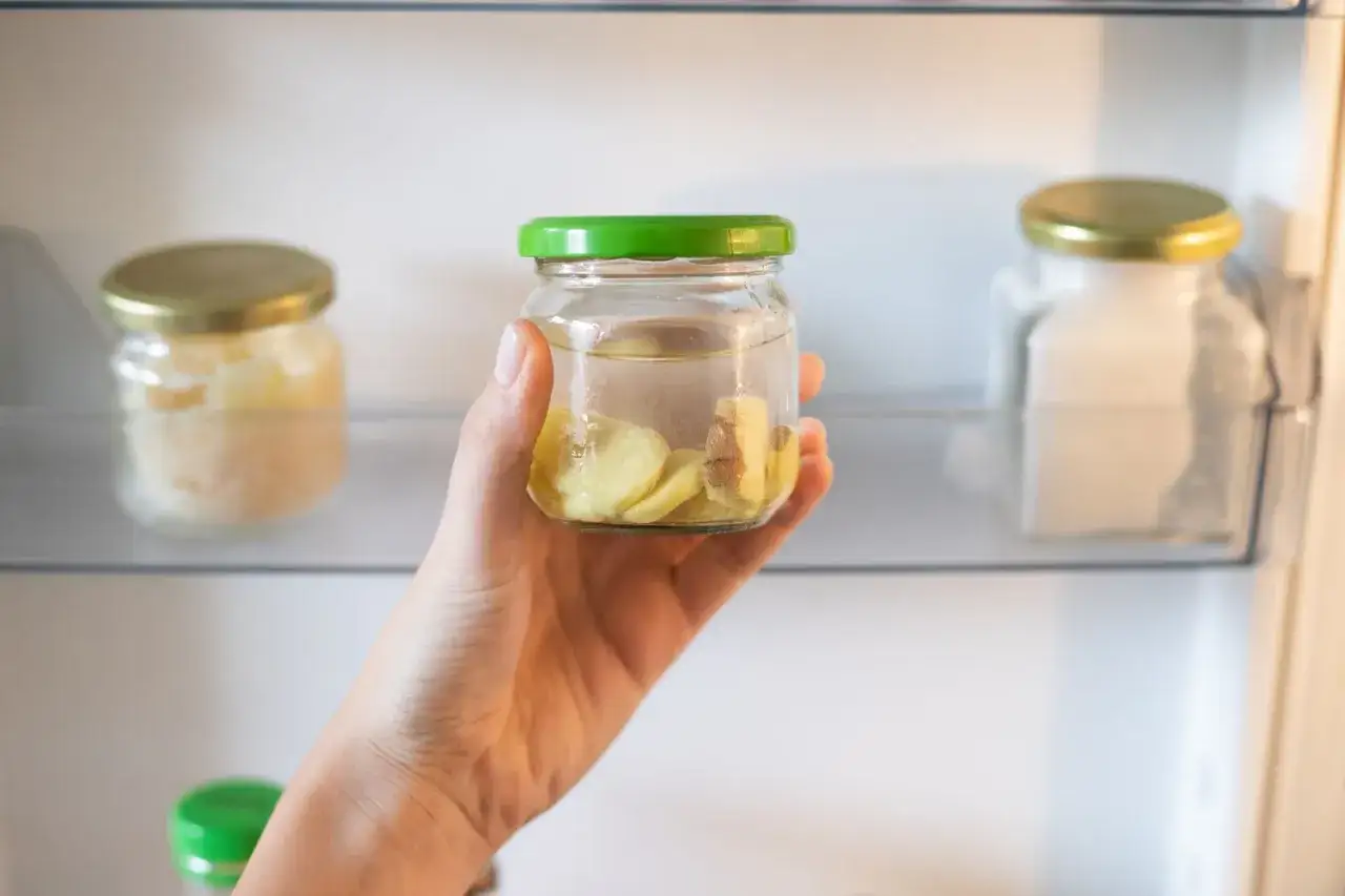Ingwer haltbar machen: Scheiben von frischem Ingwer in einem Glas mit Flüssigkeit im Kühlschrank.