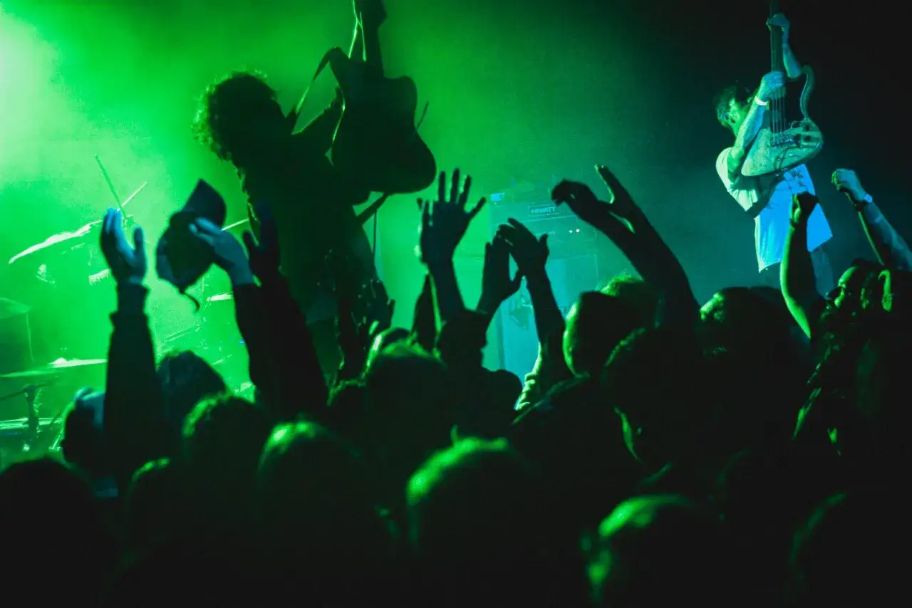 Tłum szaleje na koncercie punk rock, ręce w górze, gitarzysta skacze, basista gra.