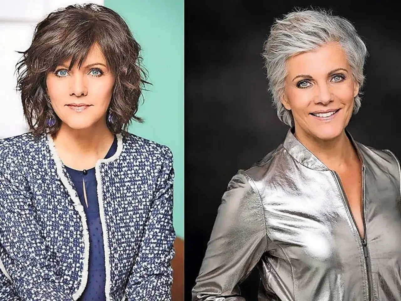 Birgit Schrowange: links mit dunklen Haaren und blau-wei&szlig;em Blazer, rechts mit silbernen Haaren und gl&auml;nzender Jacke.